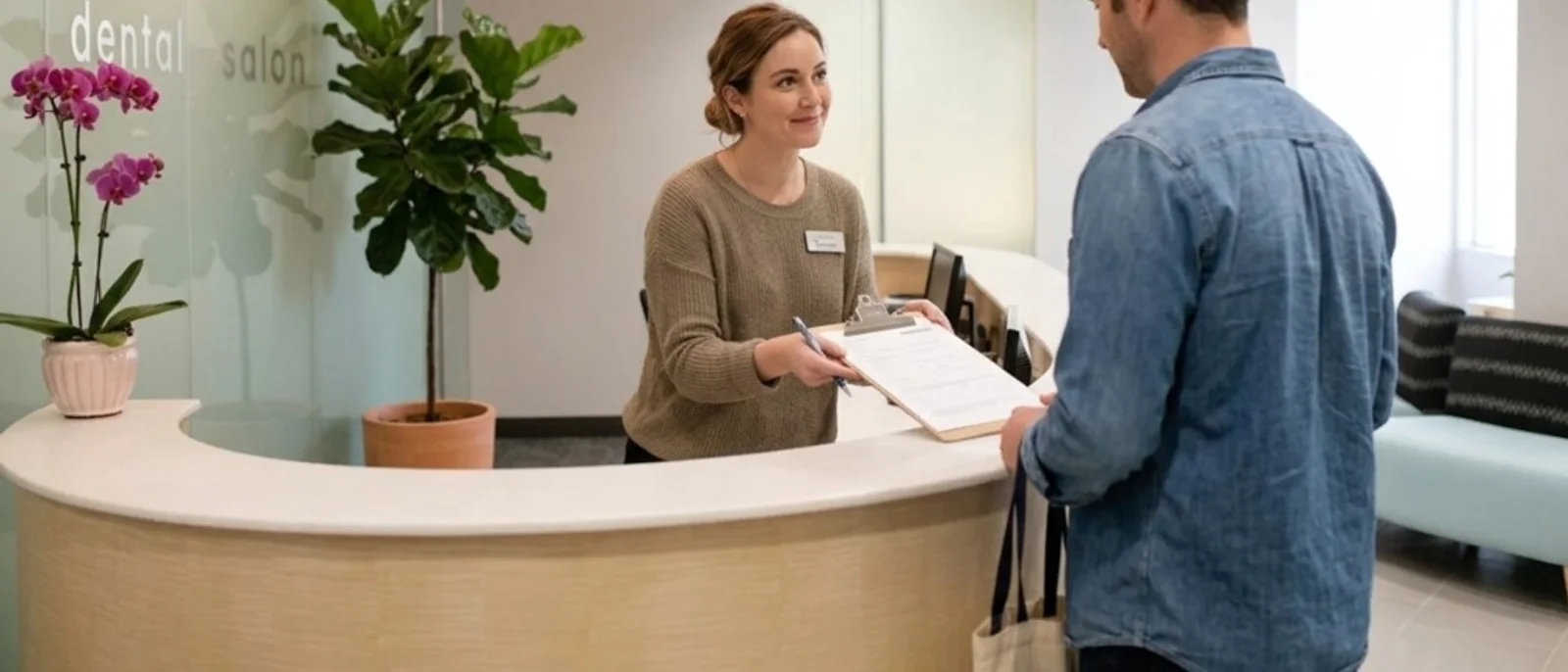 Dental Salon receptionist greeting a new patient at the front desk with intake paperwork, modern reception area with plants and frosted glass branding.