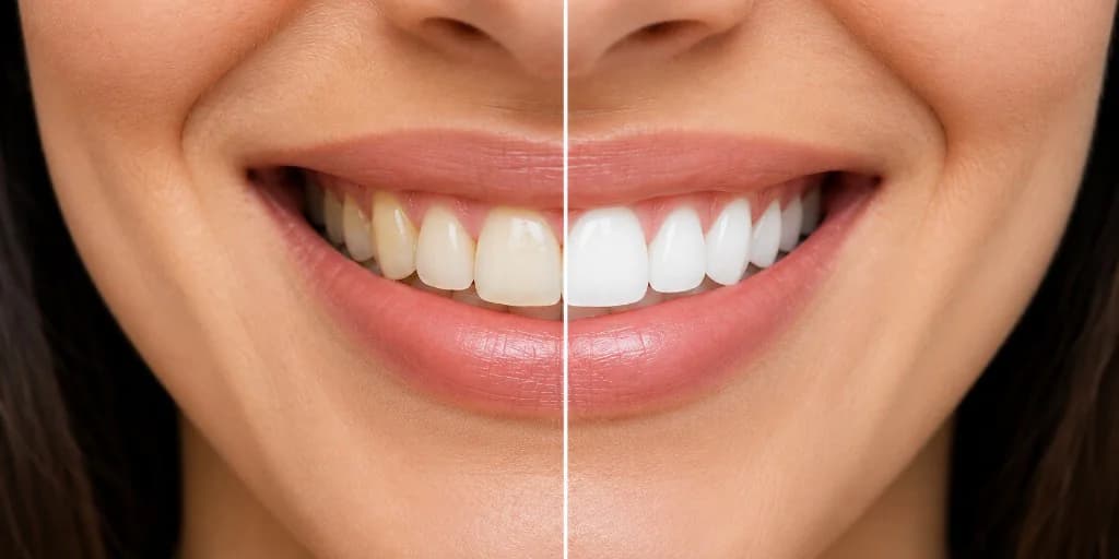Close-up smile comparing teeth whitening before and after, divided by a vertical line.