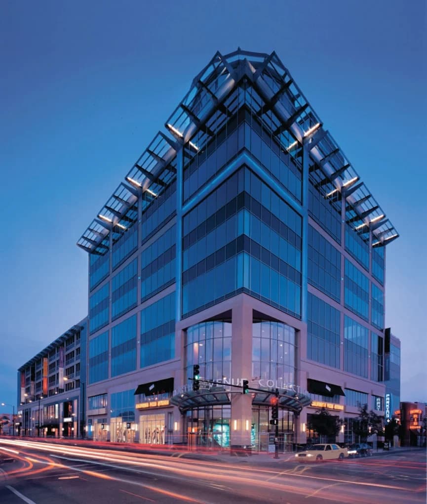 North Avenue Collections building at dusk. Dental Salon Lincoln Park is on the 8th floor.