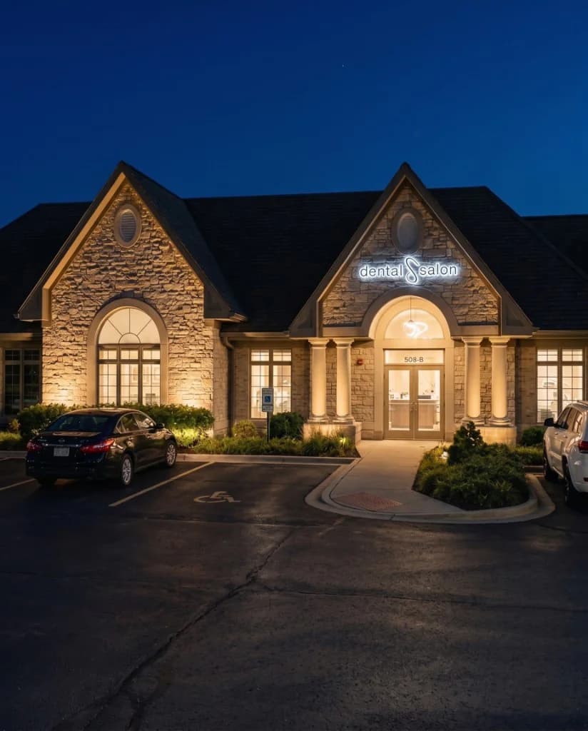 Dental Salon Schaumburg at night: stone building on West Golf Road with the illuminated Dental Salon sign above the main entrance.