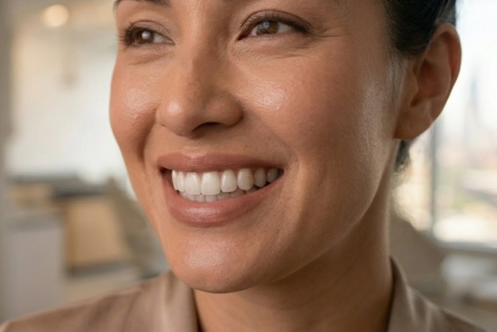 Close-up of a patient smiling confidently, showing bright, even teeth.
