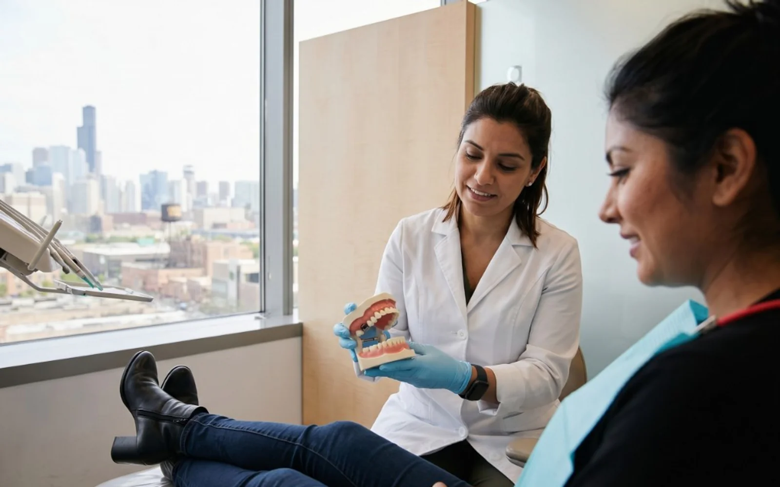 Dentist explaining treatment options with a dental model while consulting with a patient in the treatment room.