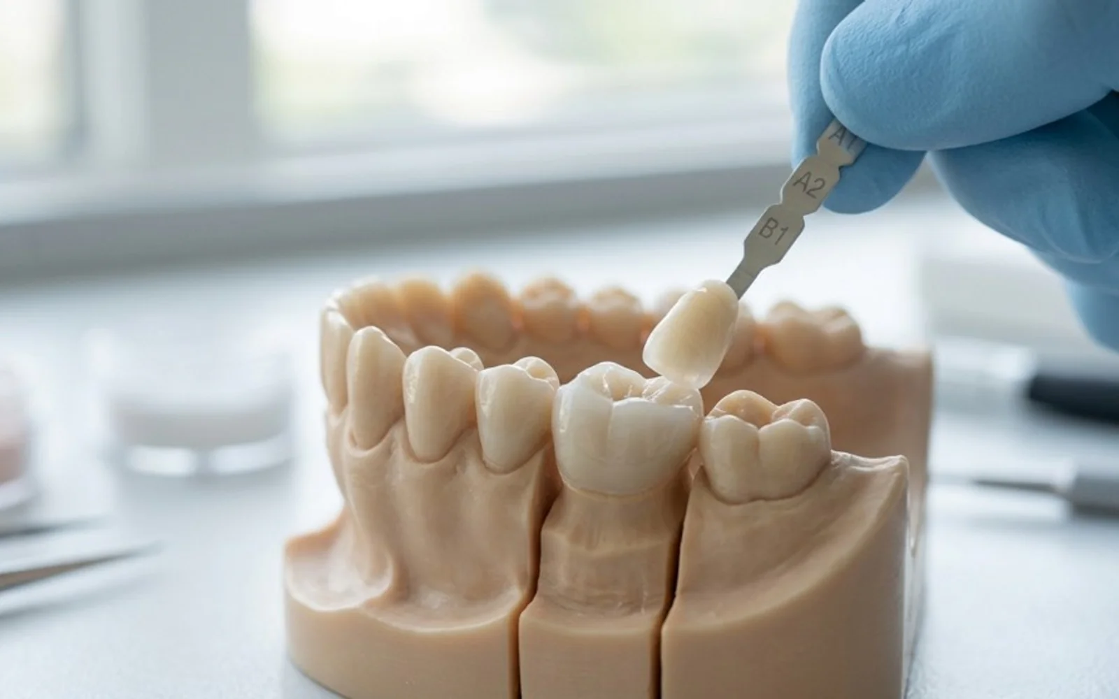 A dental crown on a shade guide being matched to a tooth on a dental model in a bright treatment room.