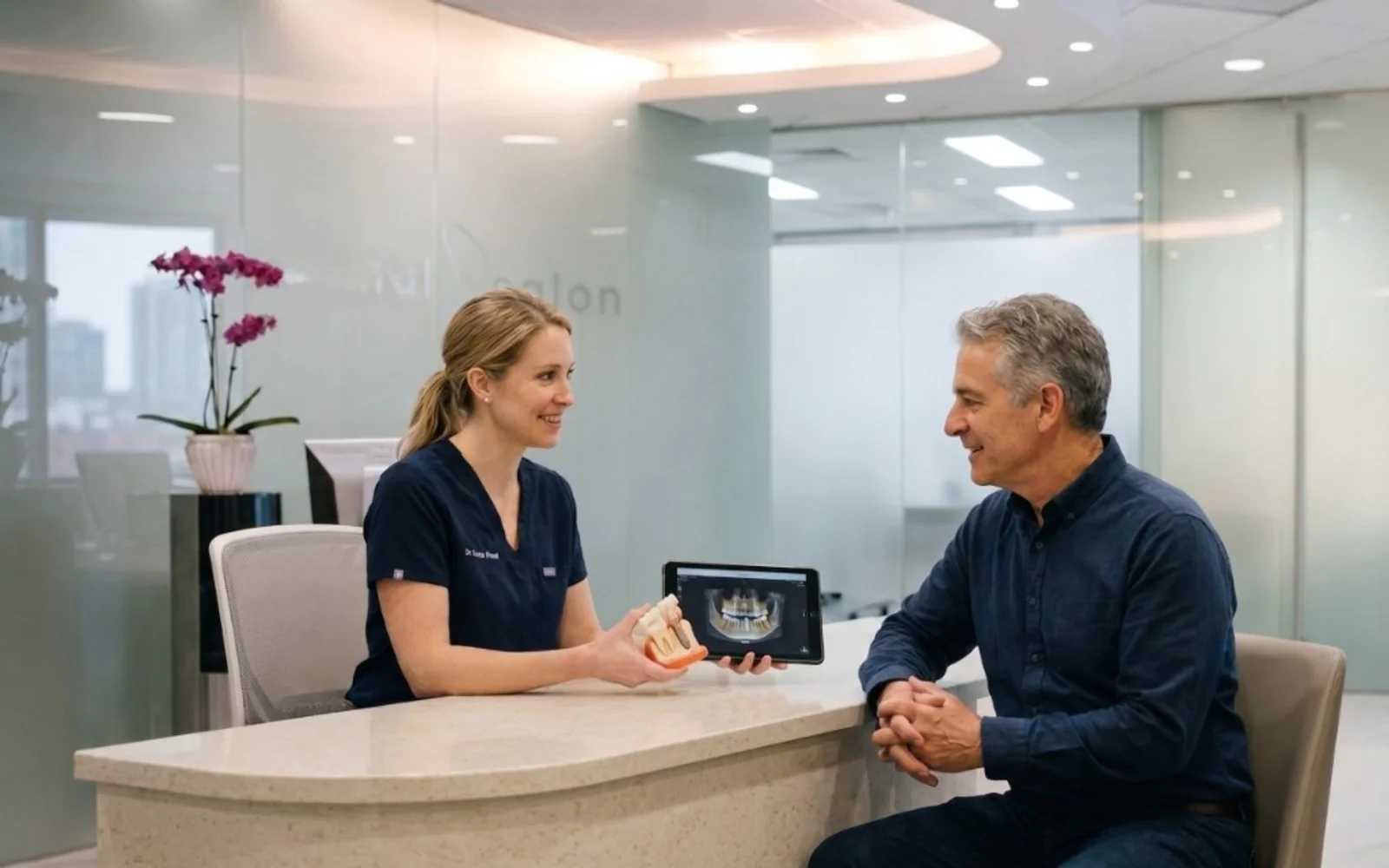Dentist consulting with a patient about dental implants, with a dental model and scan on a tablet at the front desk.