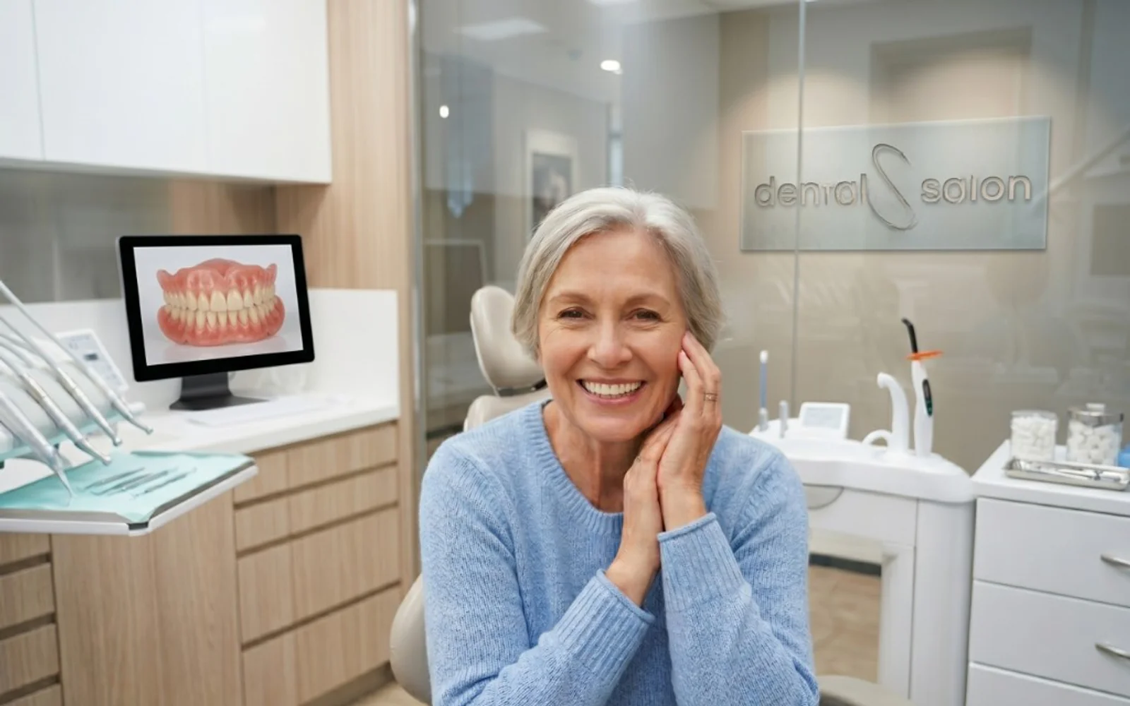 Smiling patient in a dental chair, with full dentures displayed on a monitor in the operatory background.