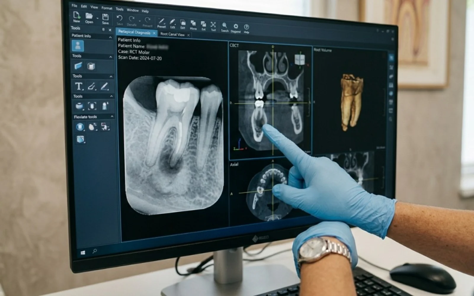 A clinician reviewing root canal imaging and CBCT scans on a monitor at Dental Salon.