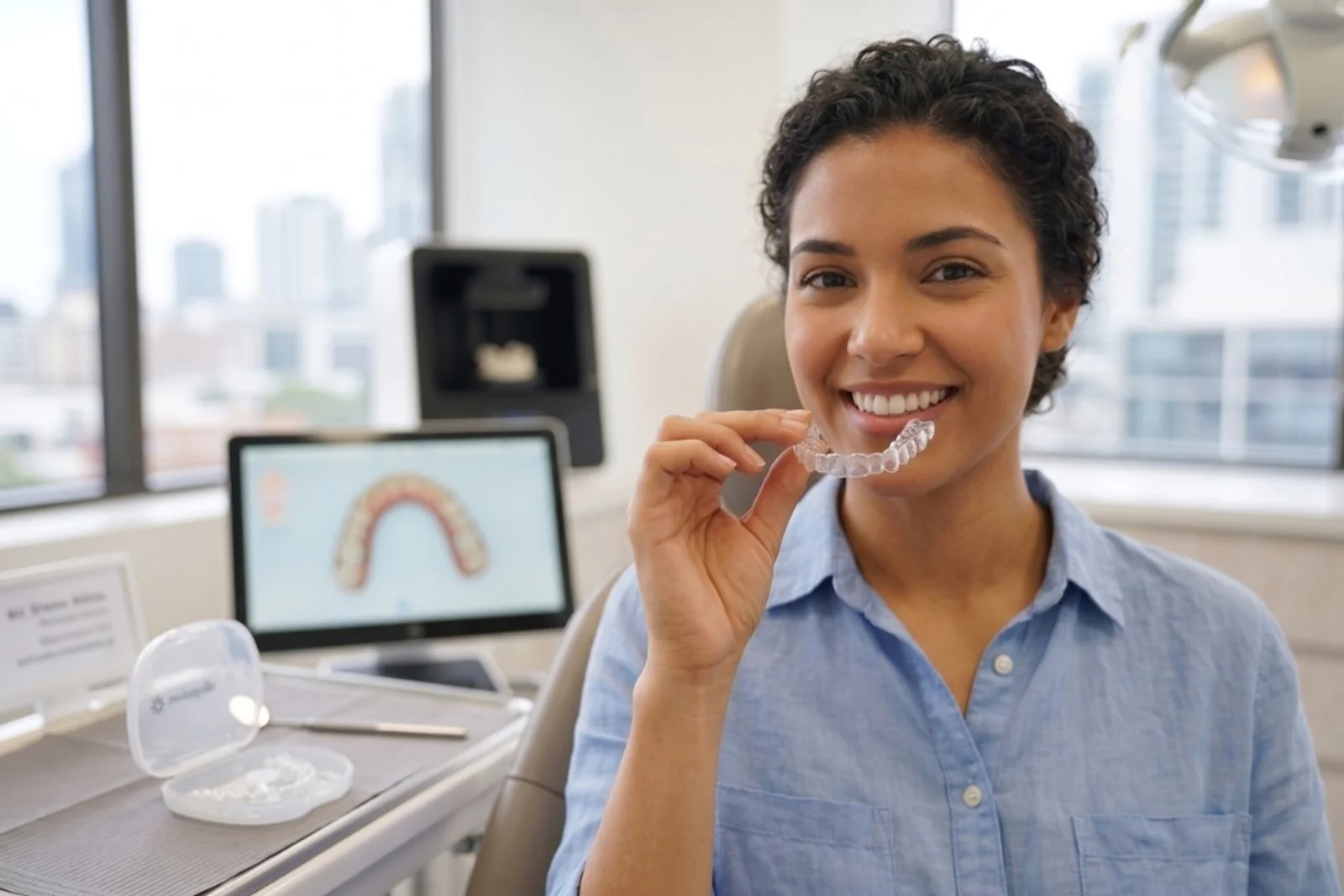 Patient smiling while holding a clear aligner tray in a modern dental office, with a 3D treatment scan visible in the background.