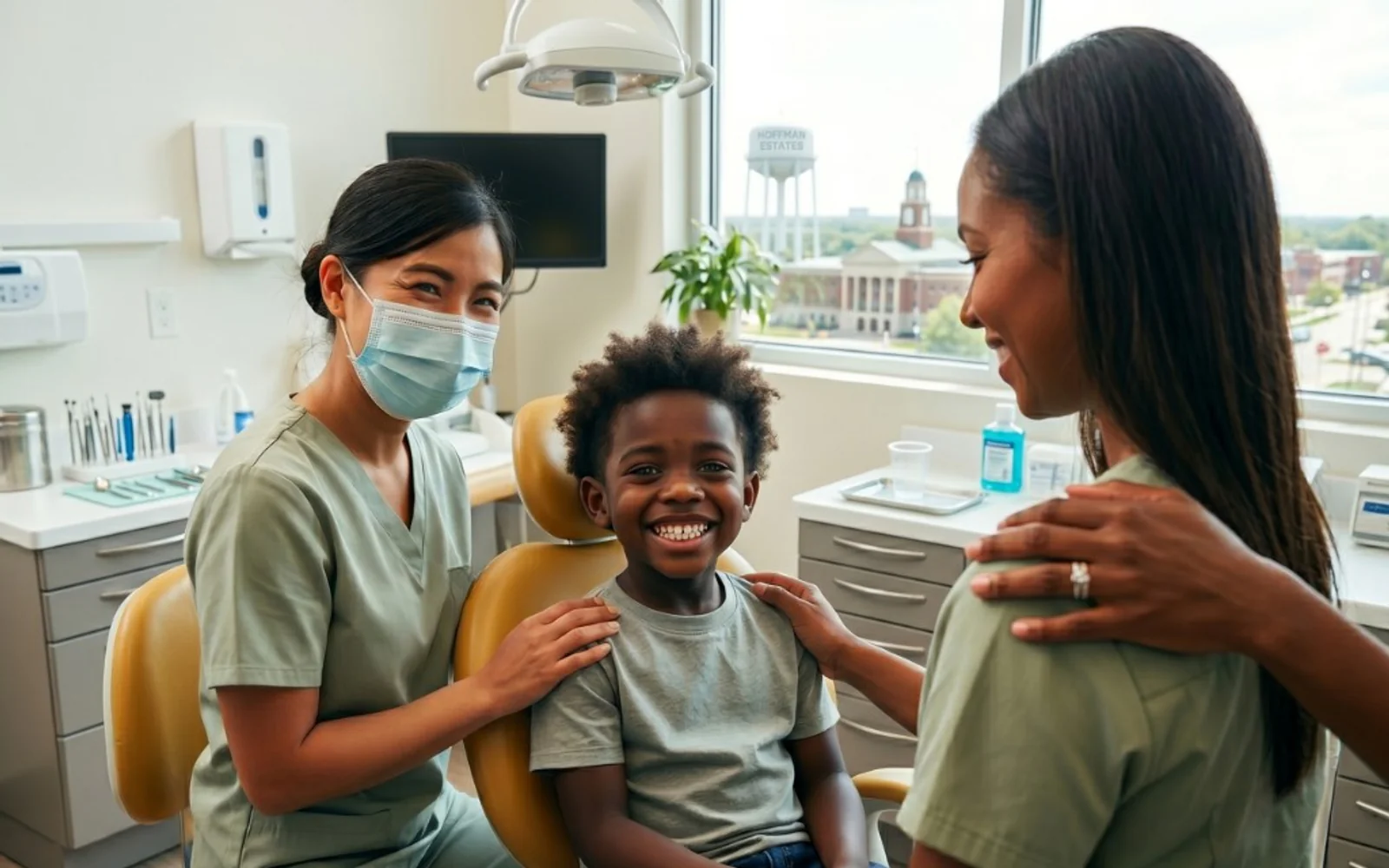 A child smiling in the dental chair with a caring team member and parent at Dental Salon.