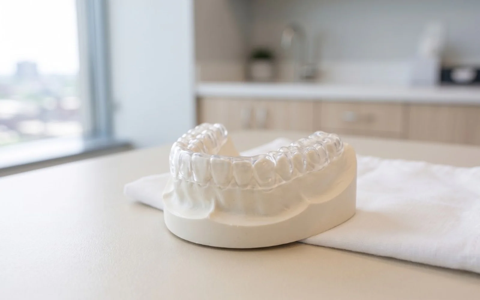 A clear custom night guard on a dental model in a bright treatment room at Dental Salon.
