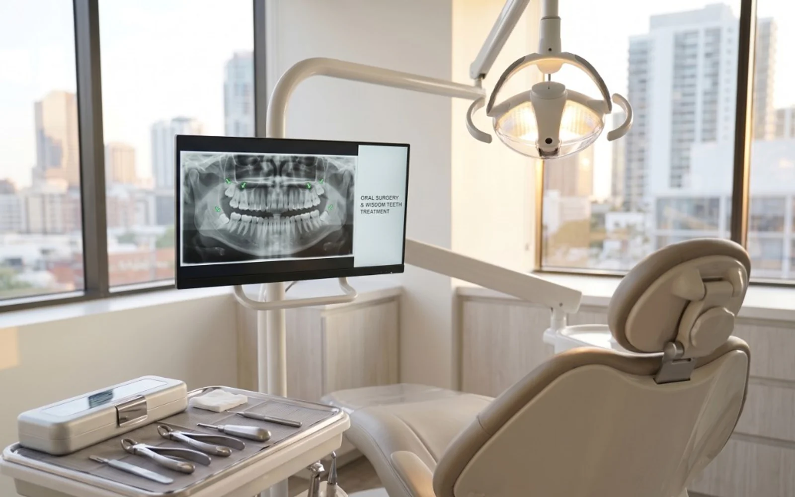 Modern dental operatory with a panoramic X-ray on the monitor, dental chair, and surgical instruments ready for oral surgery and wisdom teeth treatment.