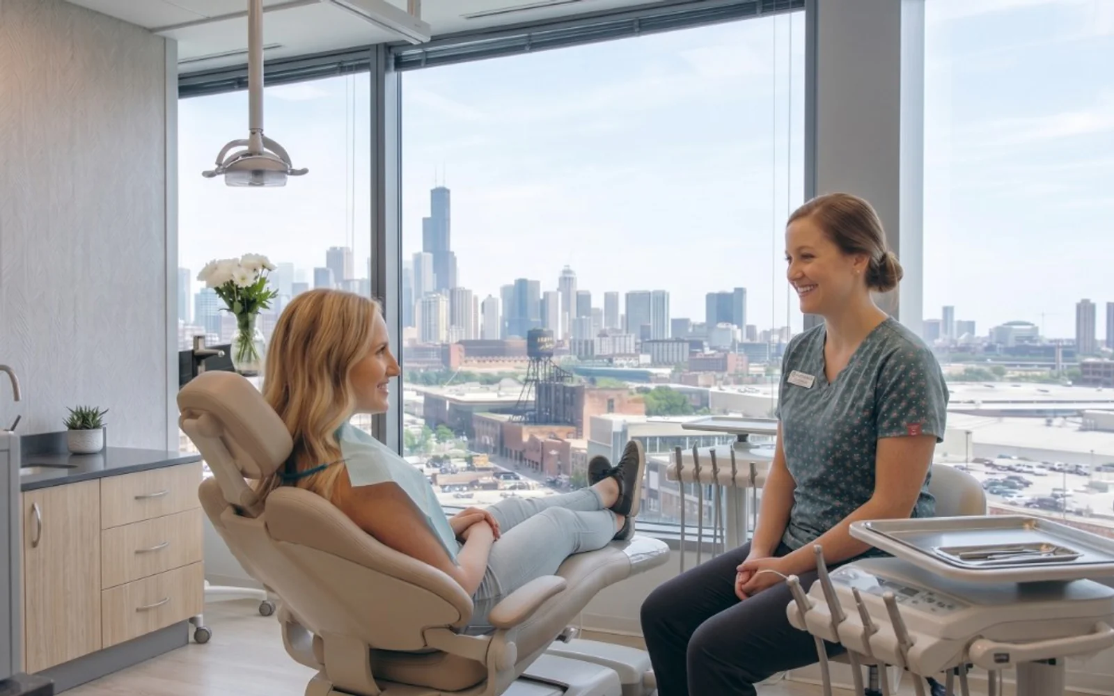 A dental team member talking with a relaxed patient in a bright operatory with a view of the Chicago skyline at Dental Salon.