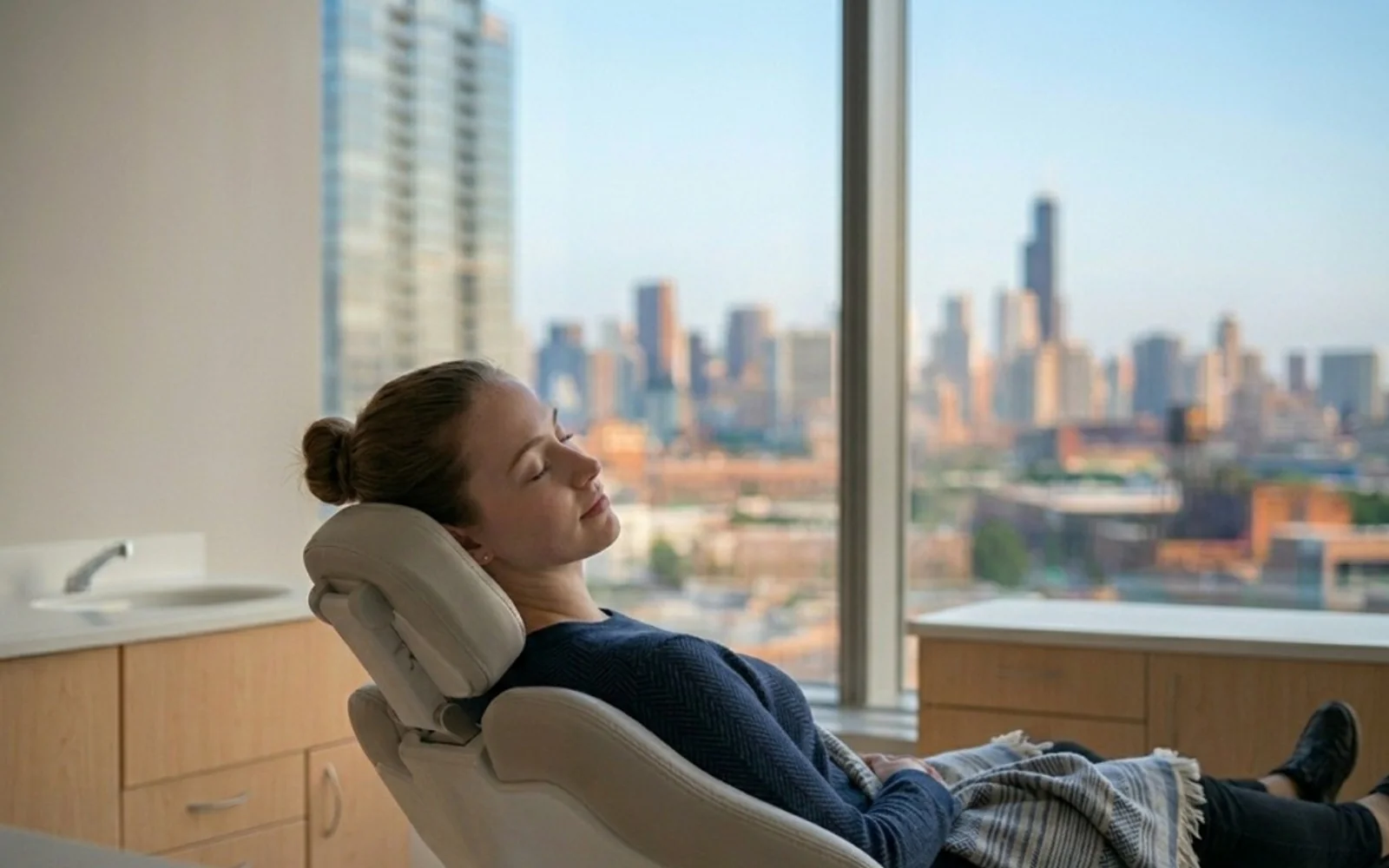 A patient resting comfortably in a dental chair with eyes closed in a calm, sunlit operatory at Dental Salon.
