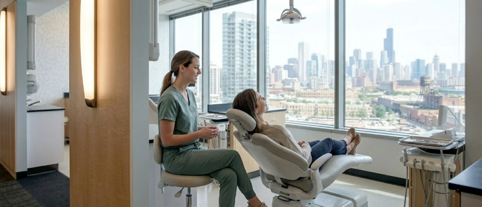Dentist speaking with a patient in a treatment room at Dental Salon, with natural light and a view of the Chicago skyline.